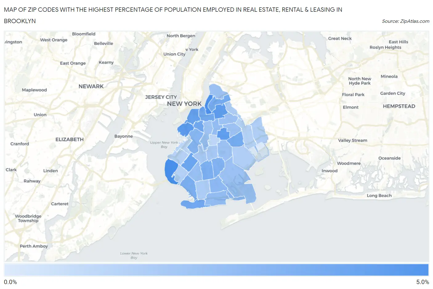Zip Codes with the Highest Percentage of Population Employed in Real Estate, Rental & Leasing in Brooklyn Map