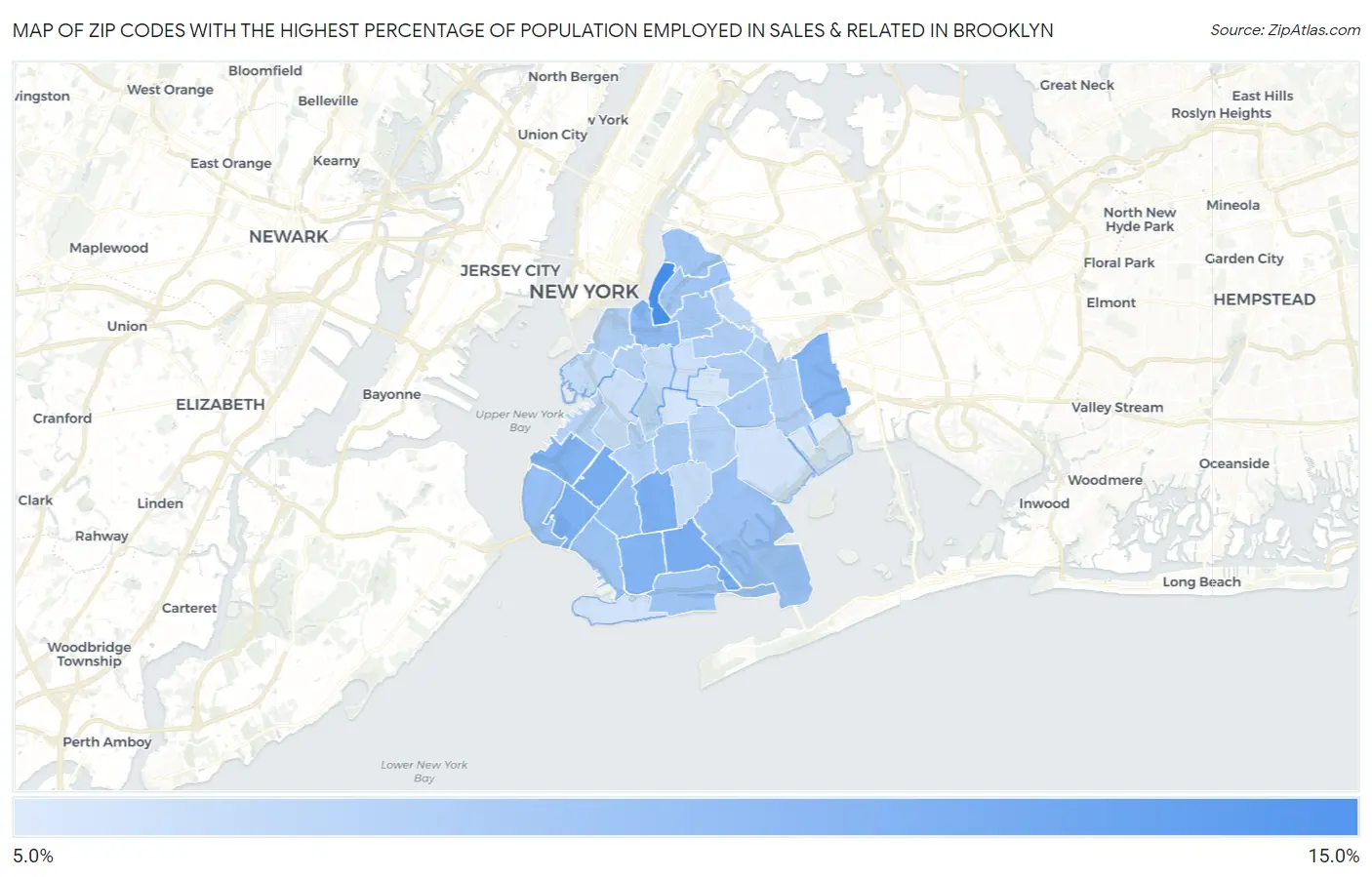 Zip Codes with the Highest Percentage of Population Employed in Sales & Related in Brooklyn Map