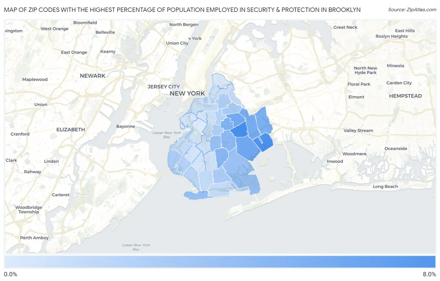 Zip Codes with the Highest Percentage of Population Employed in Security & Protection in Brooklyn Map