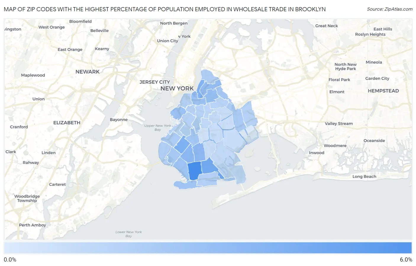 Zip Codes with the Highest Percentage of Population Employed in Wholesale Trade in Brooklyn Map