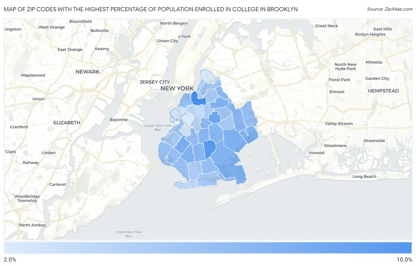 Zip Codes with the Highest Percentage of Population Enrolled in College in Brooklyn Map