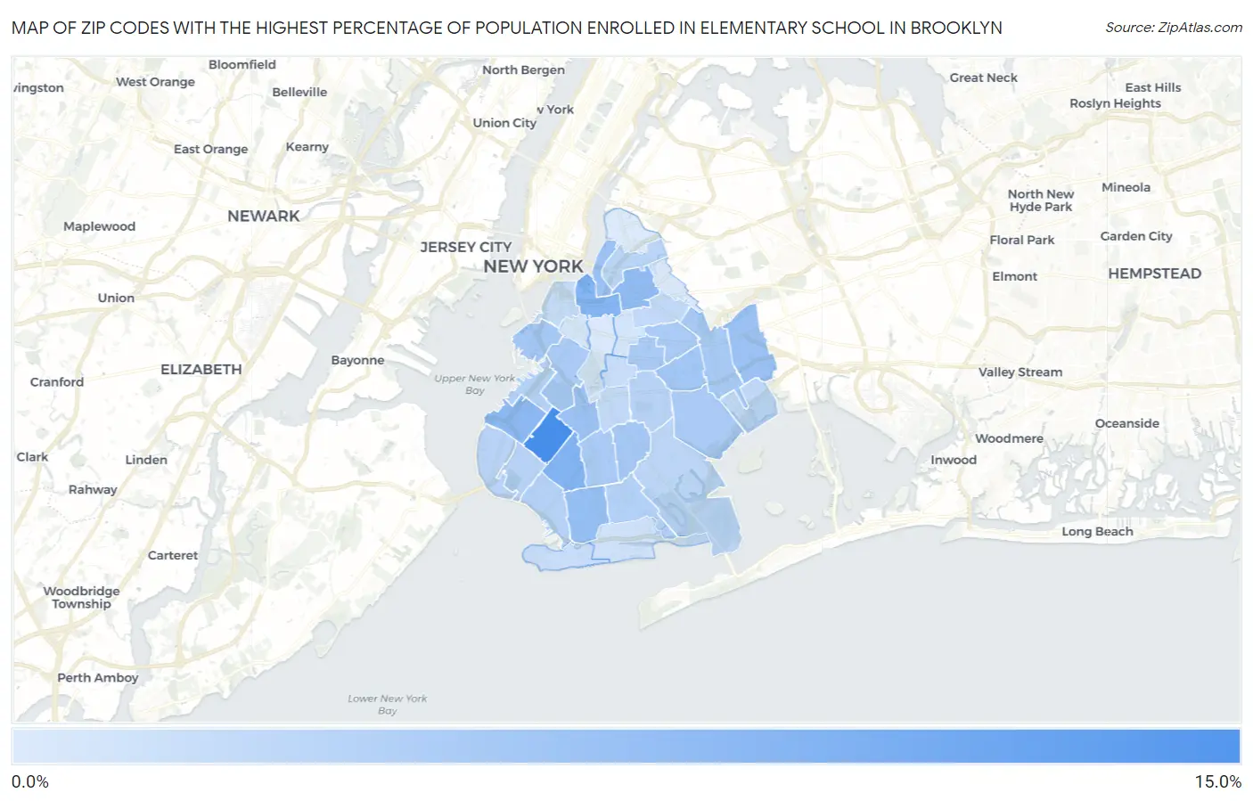 Zip Codes with the Highest Percentage of Population Enrolled in Elementary School in Brooklyn Map