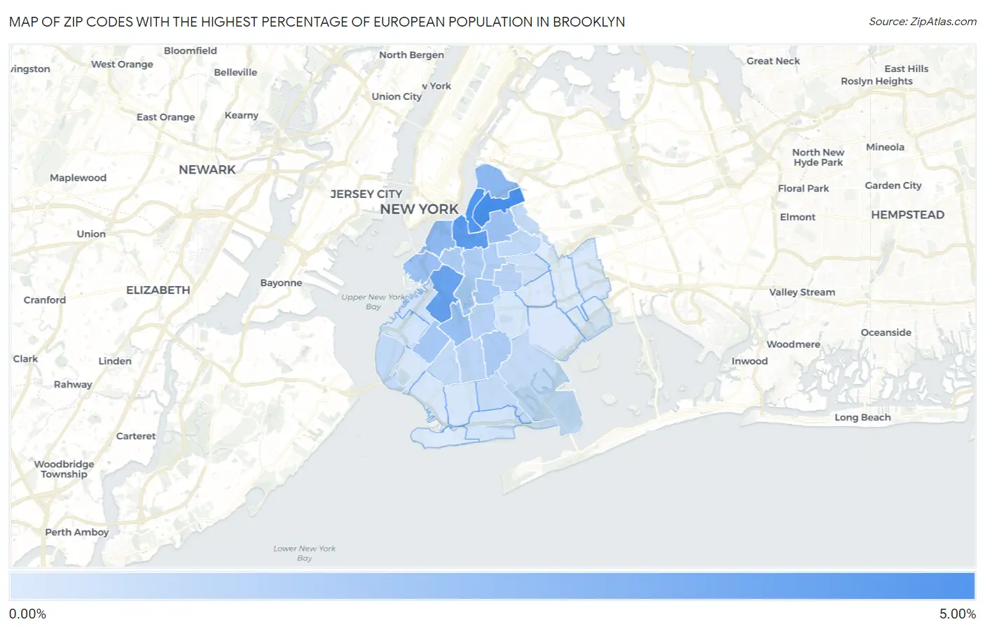Zip Codes with the Highest Percentage of European Population in Brooklyn Map