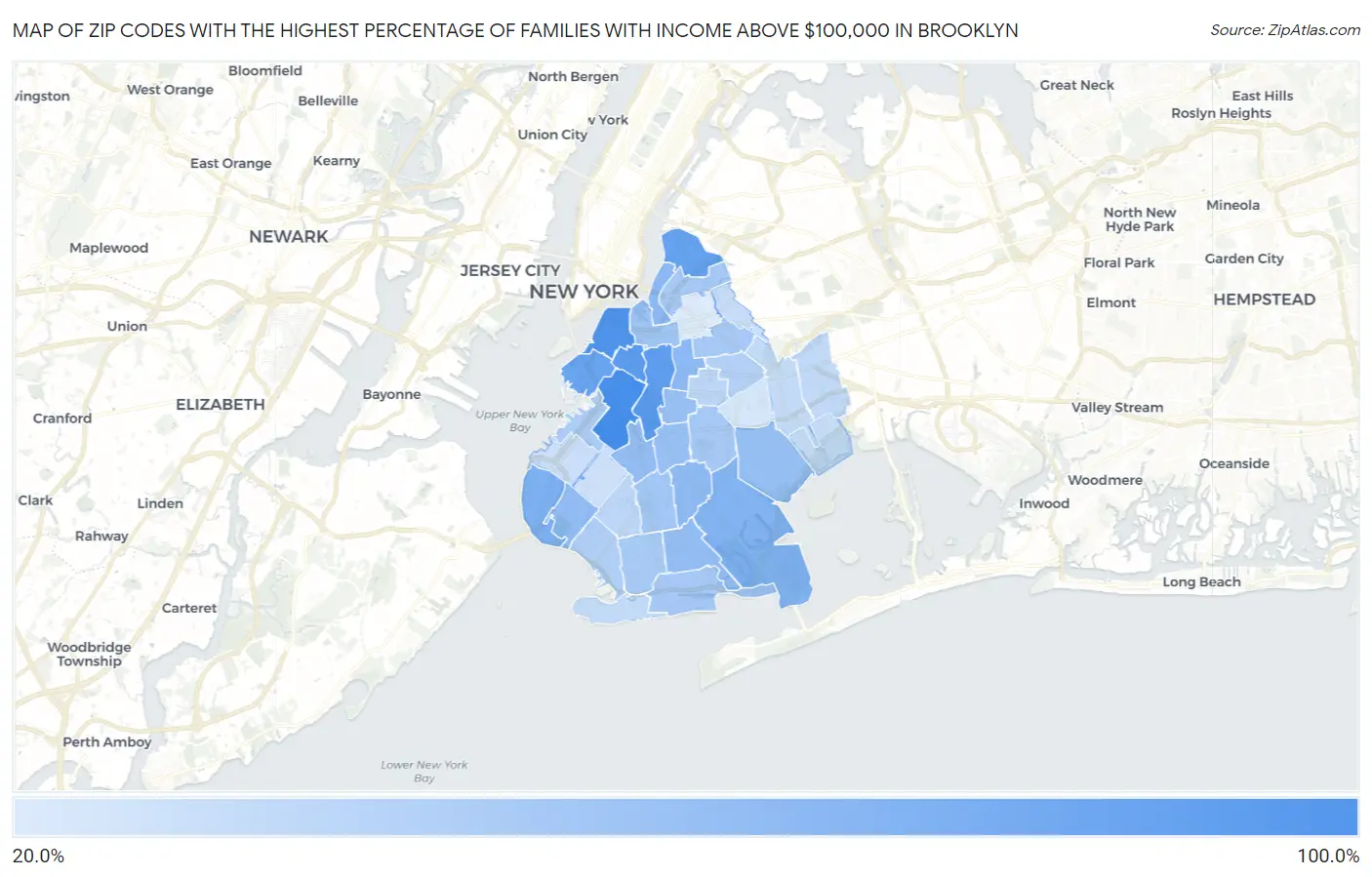 Zip Codes with the Highest Percentage of Families with Income Above $100,000 in Brooklyn Map