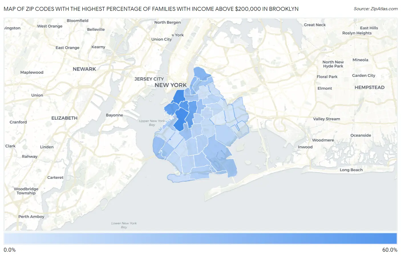 Zip Codes with the Highest Percentage of Families with Income Above $200,000 in Brooklyn Map