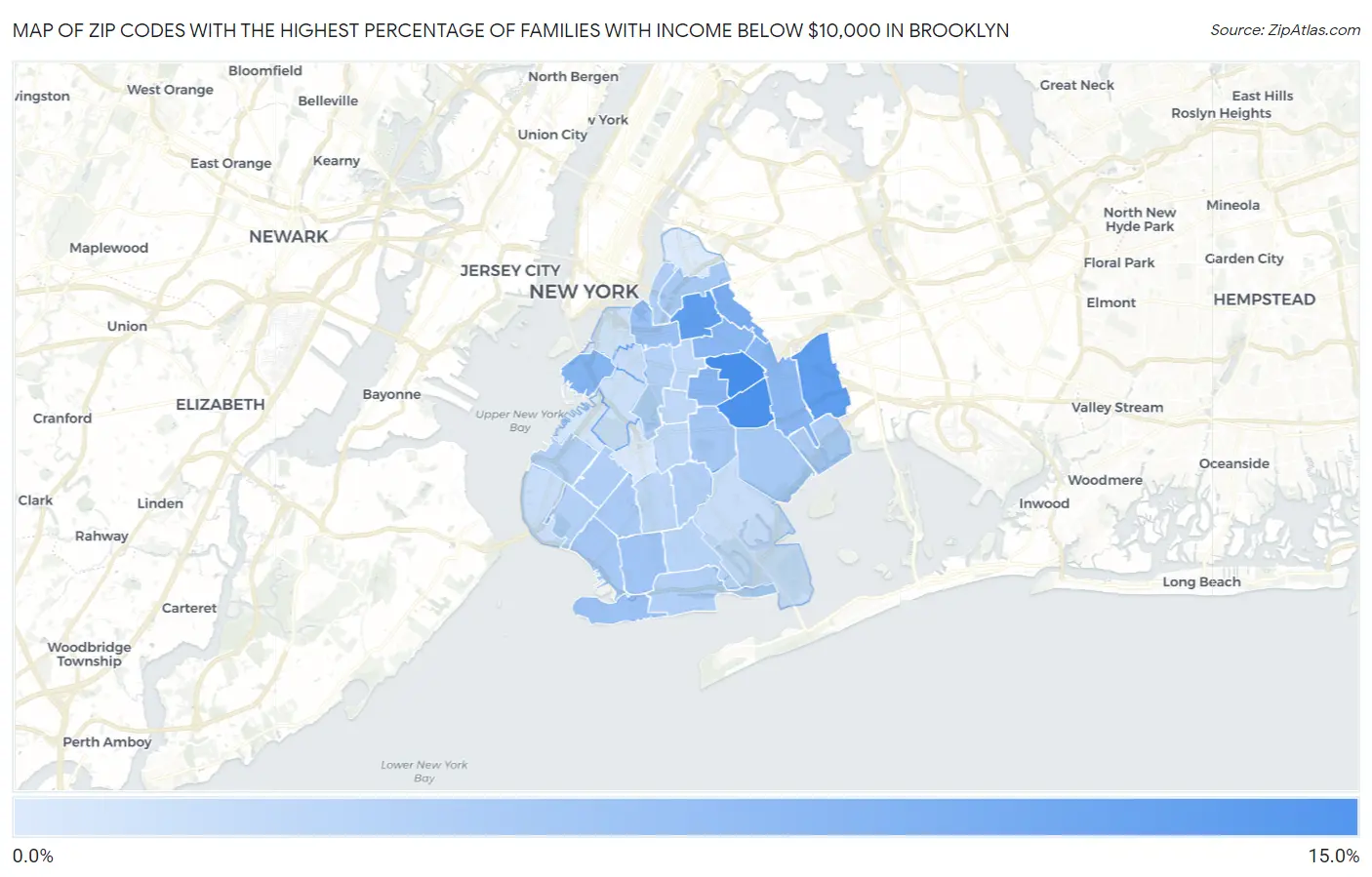 Zip Codes with the Highest Percentage of Families with Income Below $10,000 in Brooklyn Map