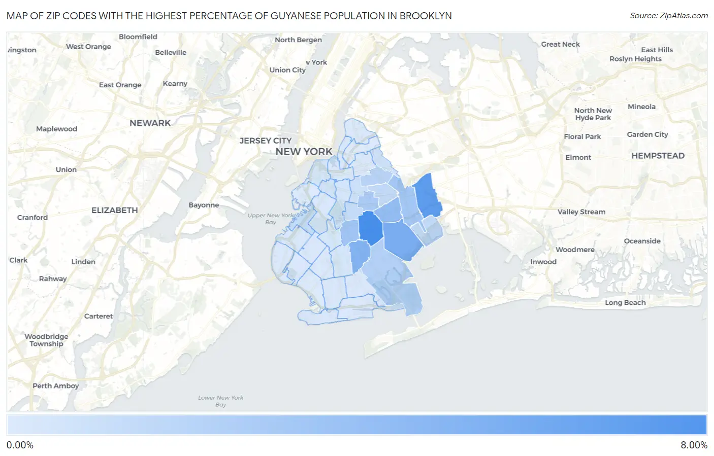 Zip Codes with the Highest Percentage of Guyanese Population in Brooklyn Map
