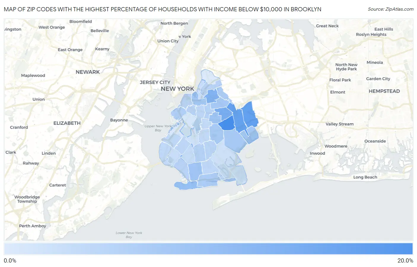 Zip Codes with the Highest Percentage of Households with Income Below $10,000 in Brooklyn Map