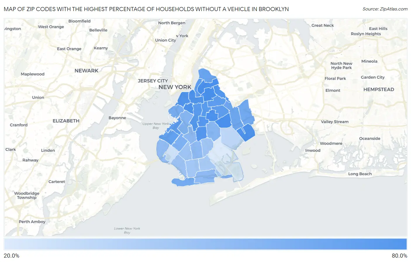Zip Codes with the Highest Percentage of Households Without a Vehicle in Brooklyn Map