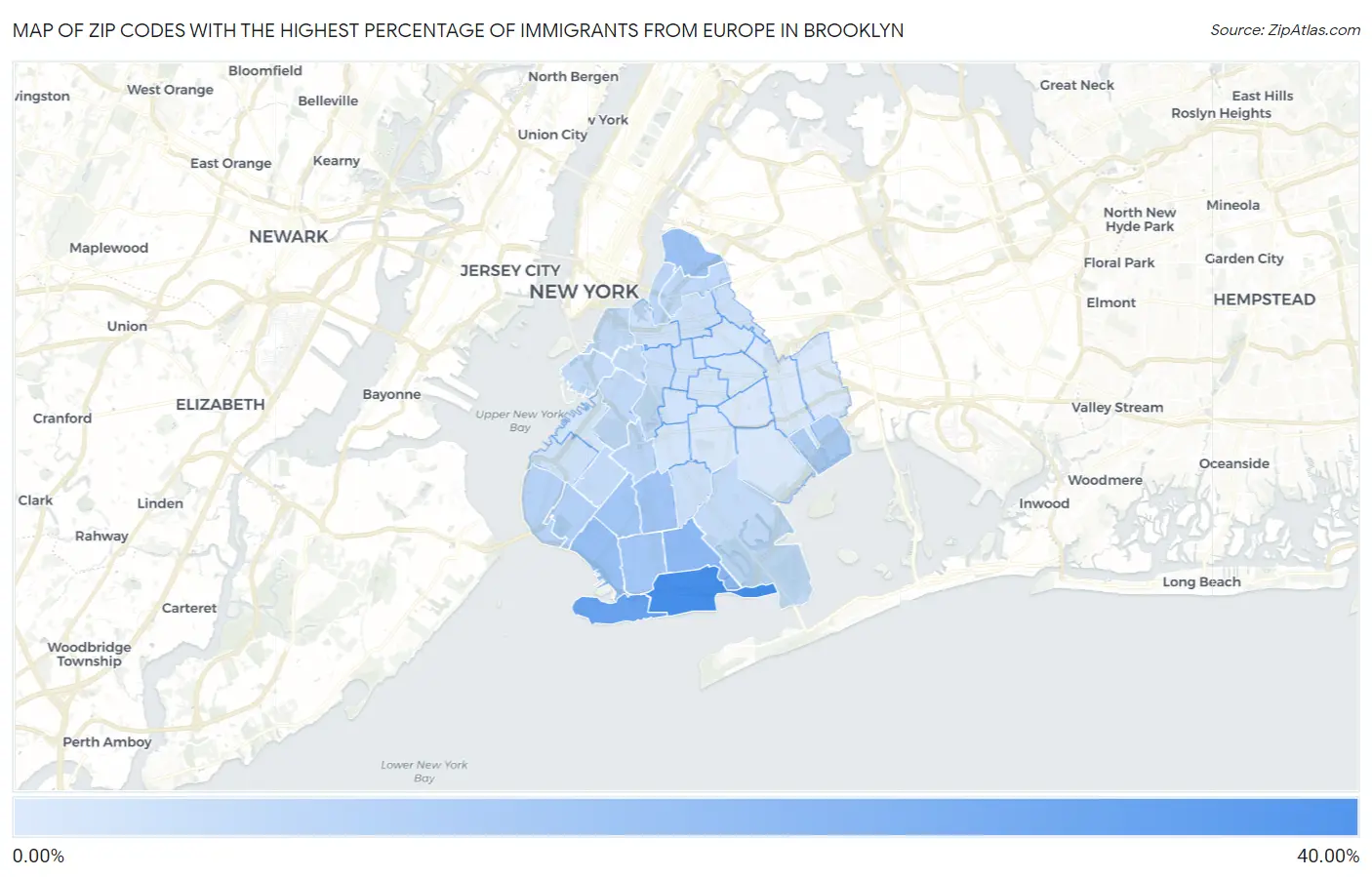 Zip Codes with the Highest Percentage of Immigrants from Europe in Brooklyn Map