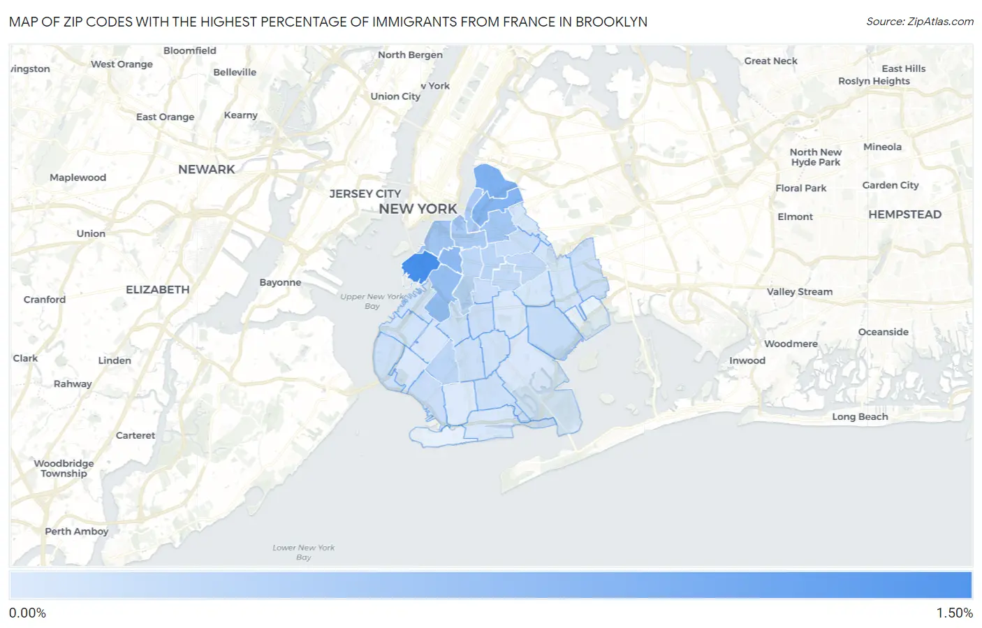 Zip Codes with the Highest Percentage of Immigrants from France in Brooklyn Map