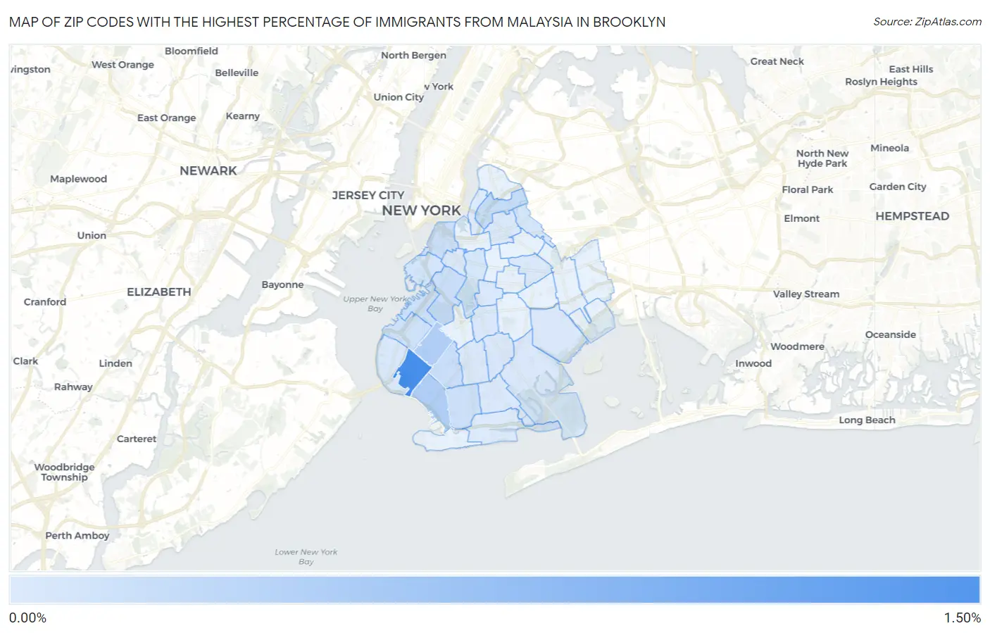 Zip Codes with the Highest Percentage of Immigrants from Malaysia in Brooklyn Map