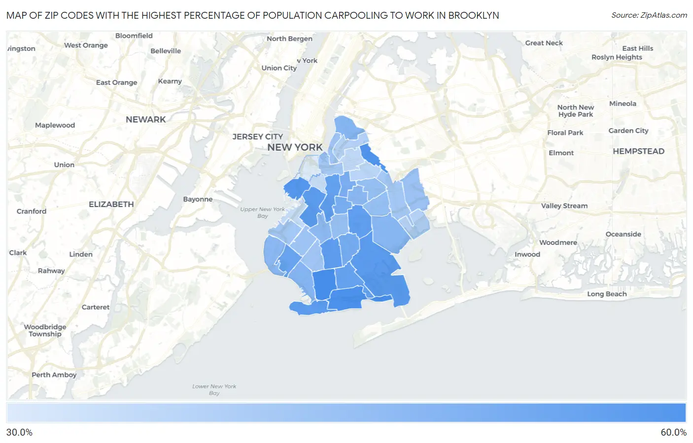 Zip Codes with the Highest Percentage of Population Carpooling to Work in Brooklyn Map