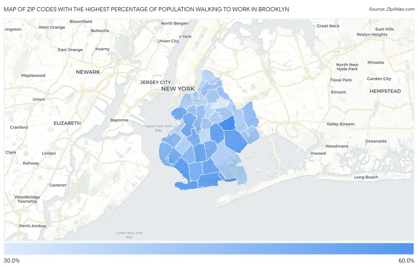 Zip Codes with the Highest Percentage of Population Walking to Work in Brooklyn Map