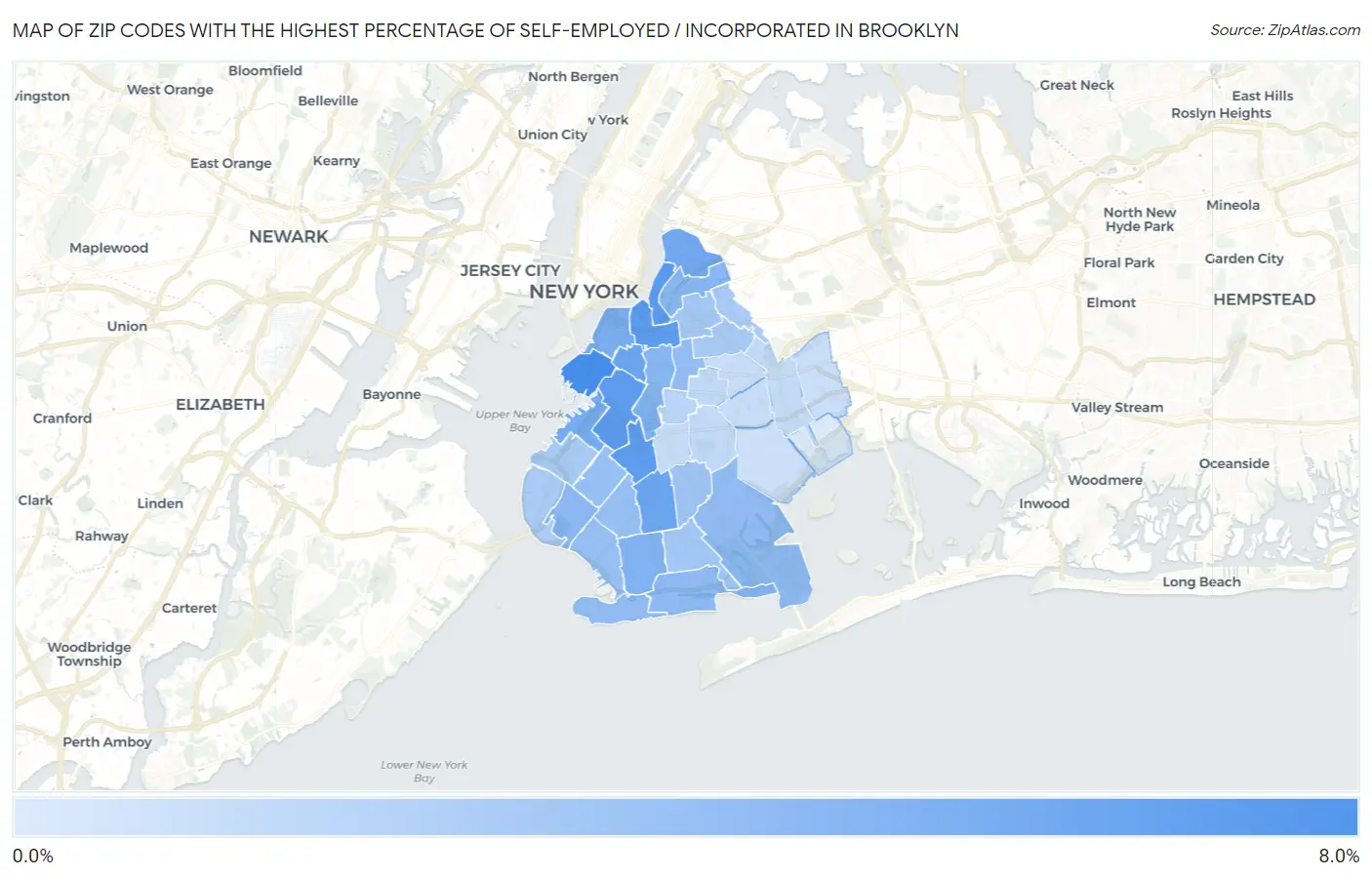 Zip Codes with the Highest Percentage of Self-Employed / Incorporated in Brooklyn Map