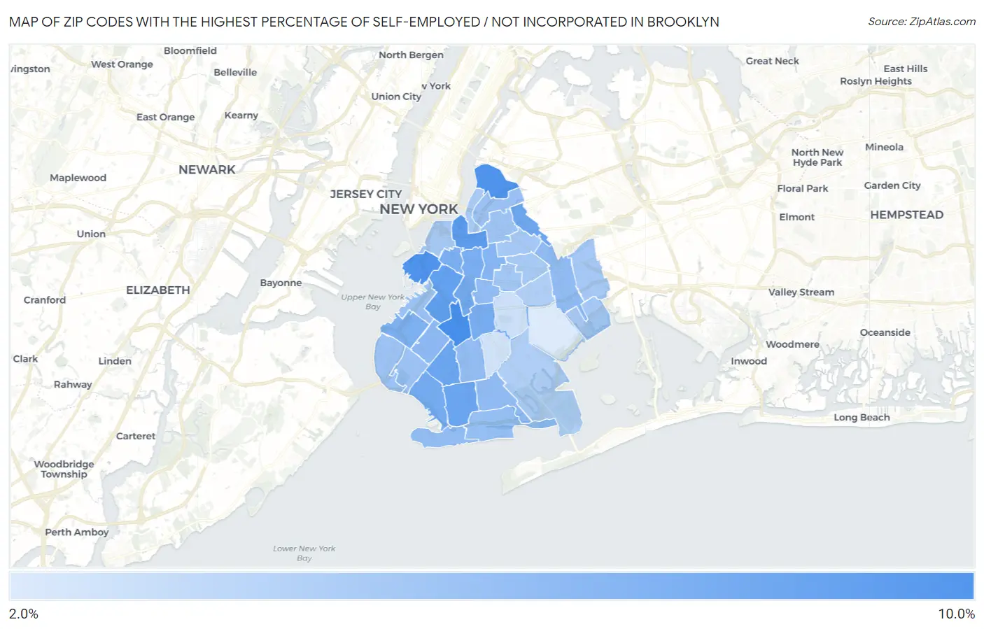Zip Codes with the Highest Percentage of Self-Employed / Not Incorporated in Brooklyn Map