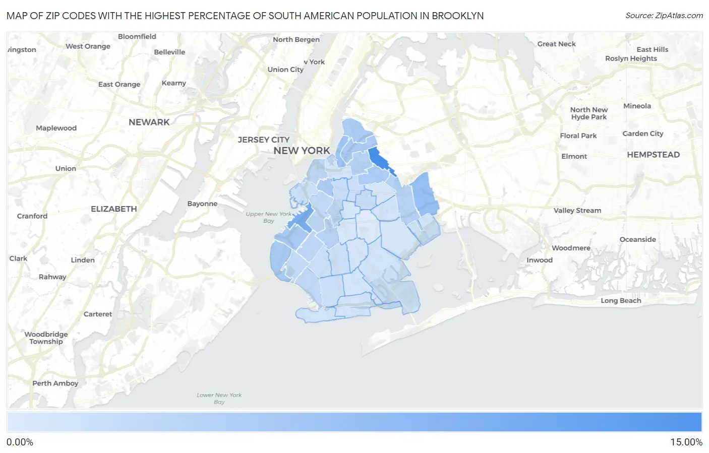 Zip Codes with the Highest Percentage of South American Population in Brooklyn Map