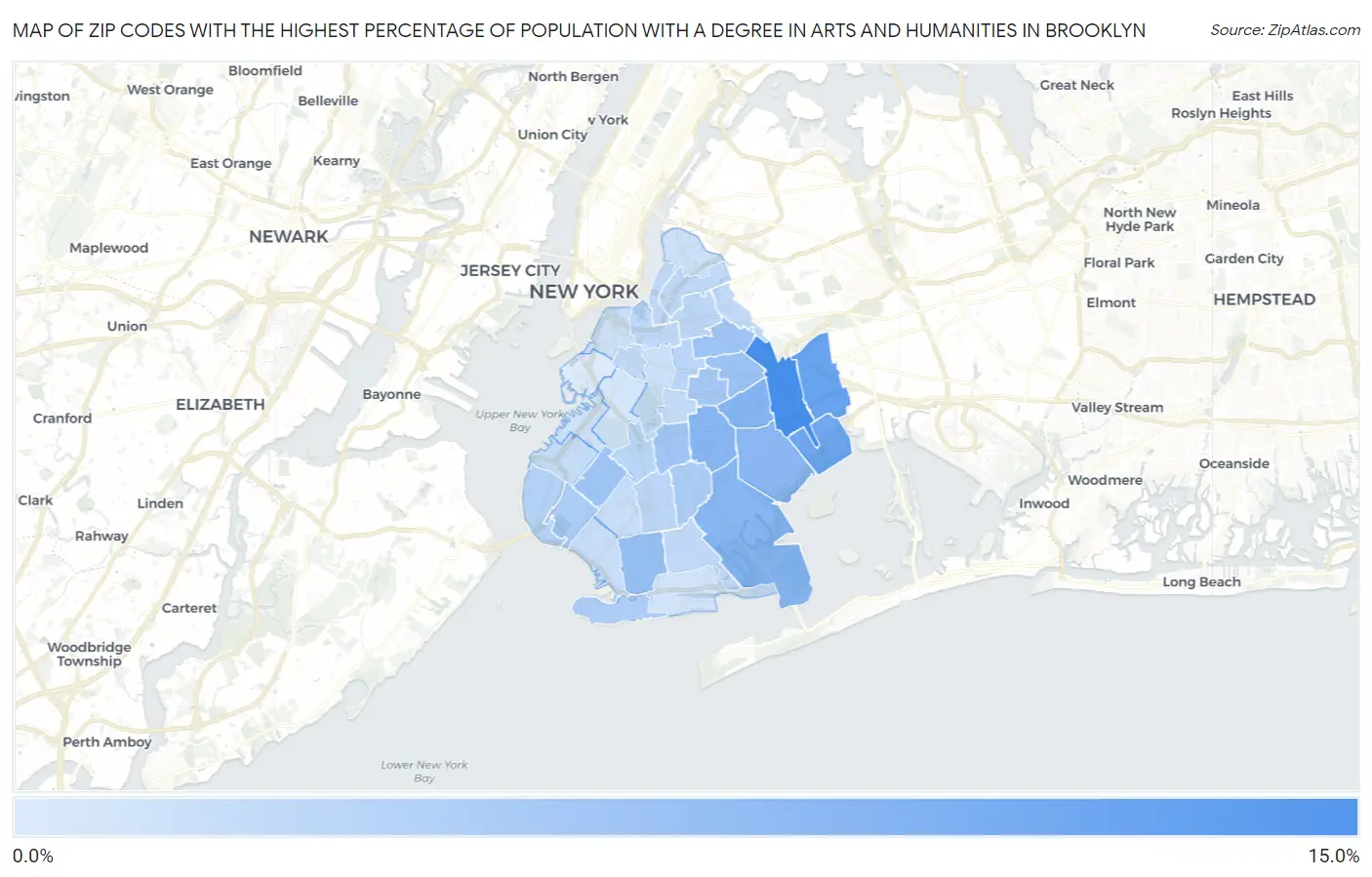 Zip Codes with the Highest Percentage of Population with a Degree in Arts and Humanities in Brooklyn Map