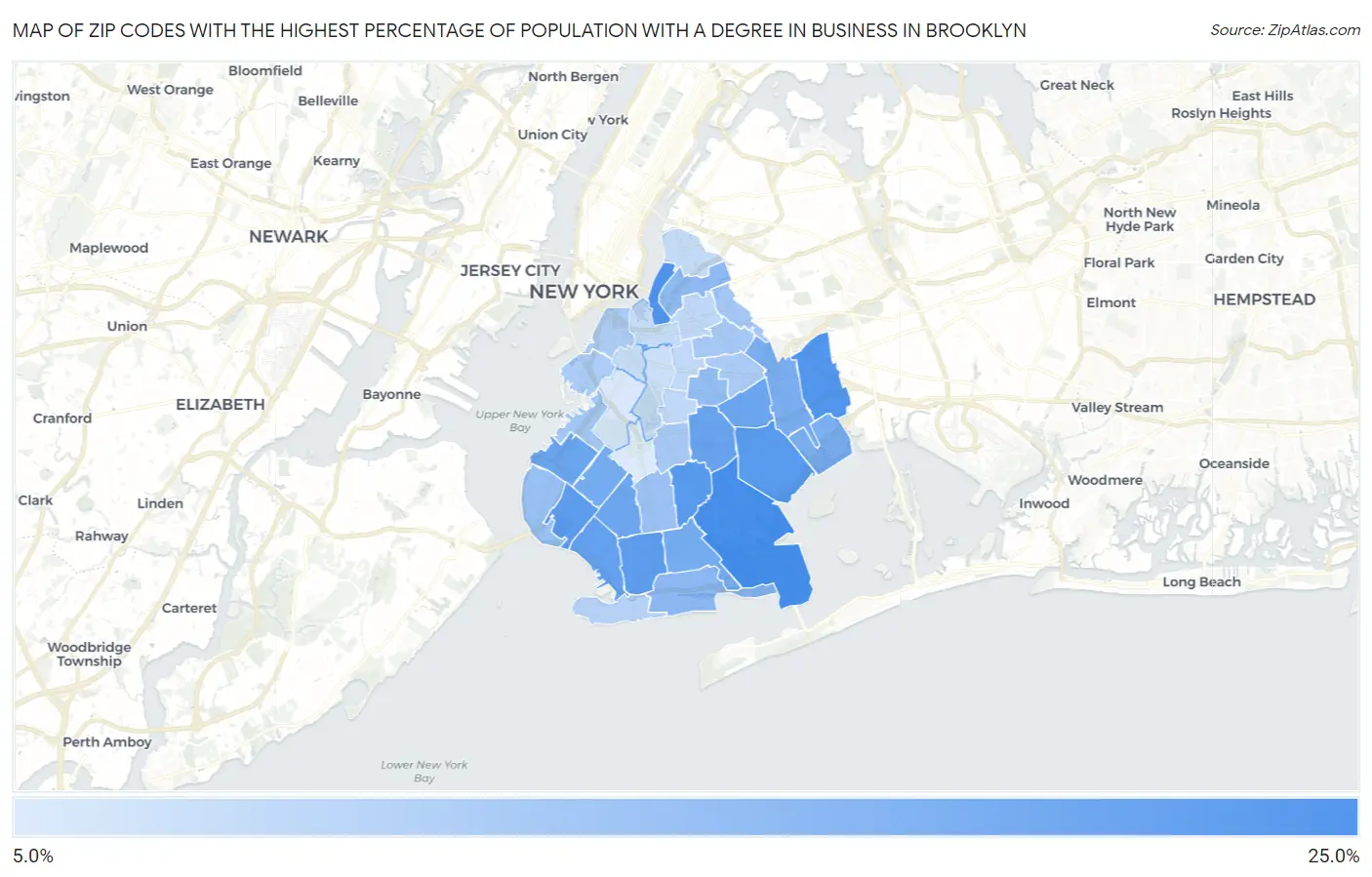 Zip Codes with the Highest Percentage of Population with a Degree in Business in Brooklyn Map