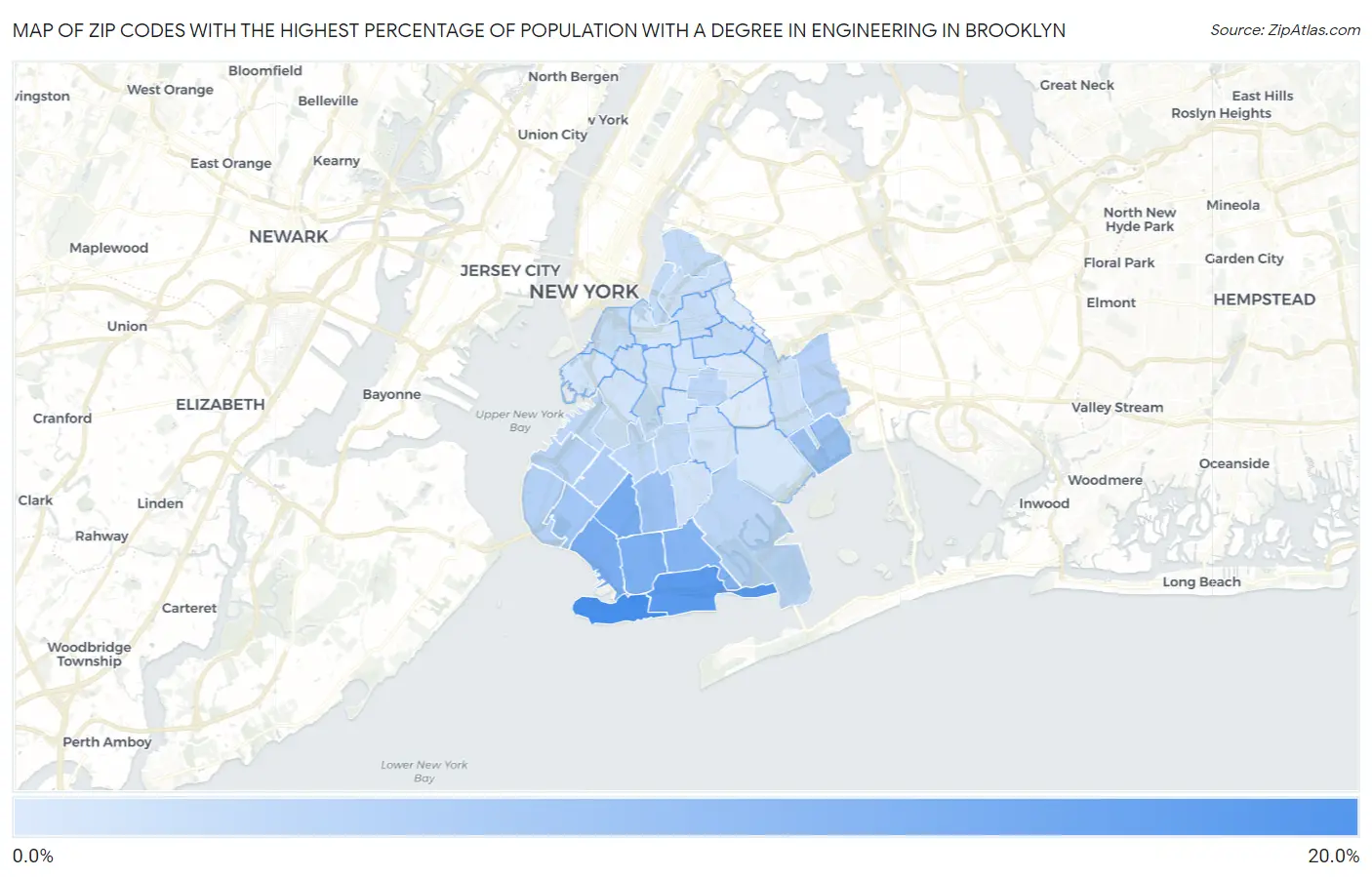 Zip Codes with the Highest Percentage of Population with a Degree in Engineering in Brooklyn Map