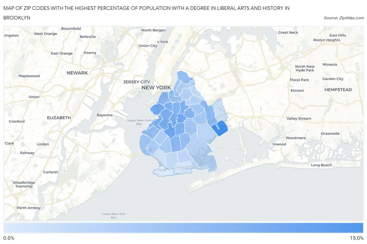 Zip Codes with the Highest Percentage of Population with a Degree in Liberal Arts and History in Brooklyn Map