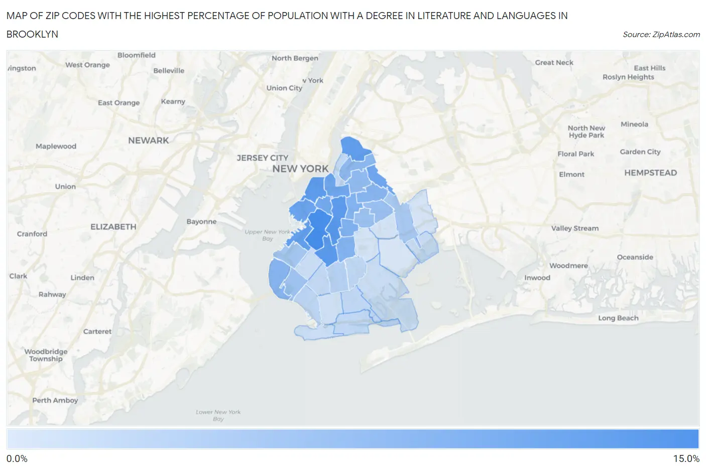 Zip Codes with the Highest Percentage of Population with a Degree in Literature and Languages in Brooklyn Map