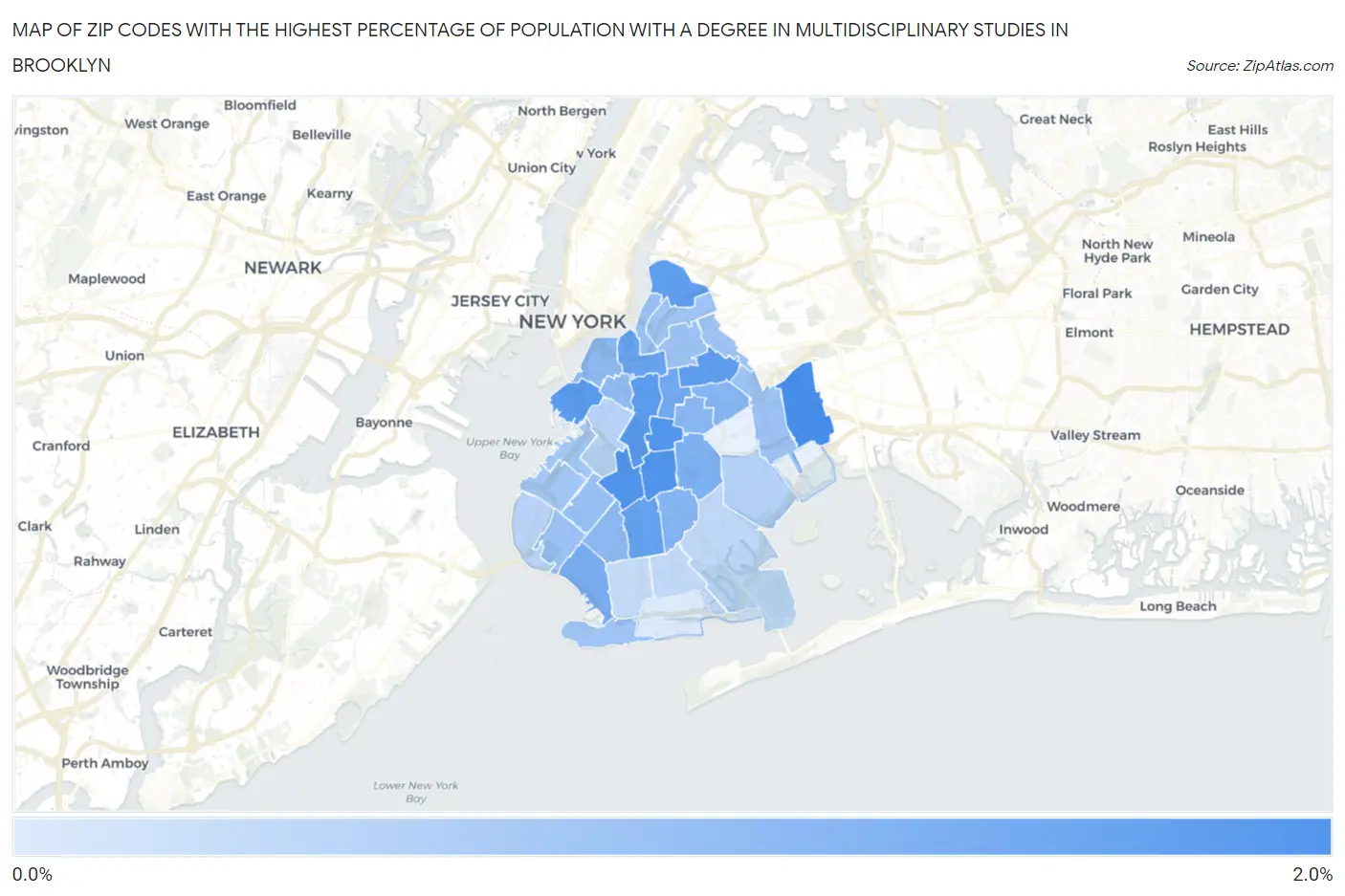 Zip Codes with the Highest Percentage of Population with a Degree in Multidisciplinary Studies in Brooklyn Map
