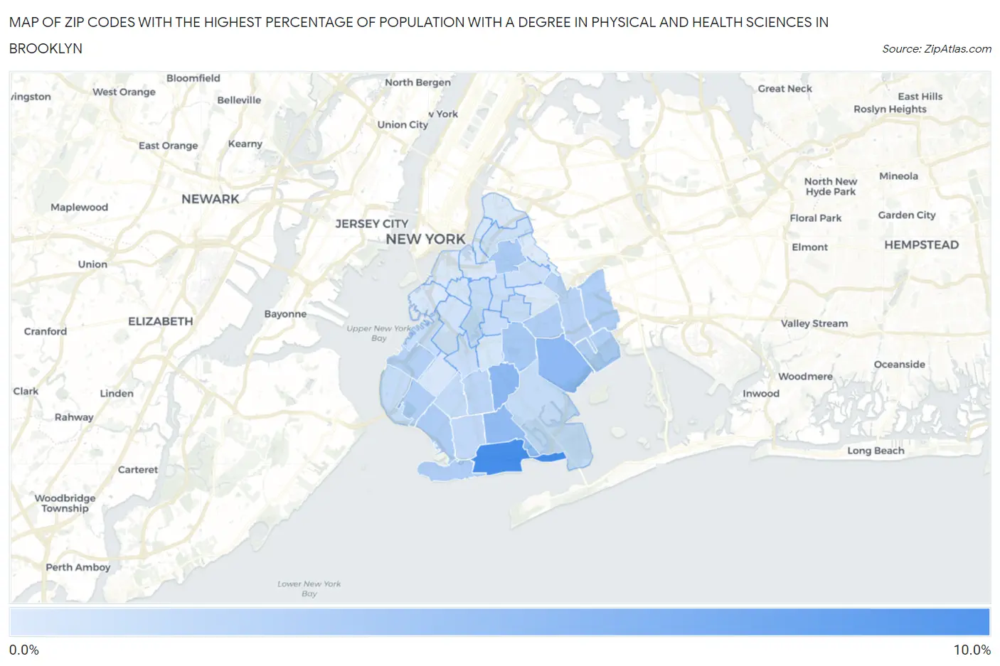 Zip Codes with the Highest Percentage of Population with a Degree in Physical and Health Sciences in Brooklyn Map