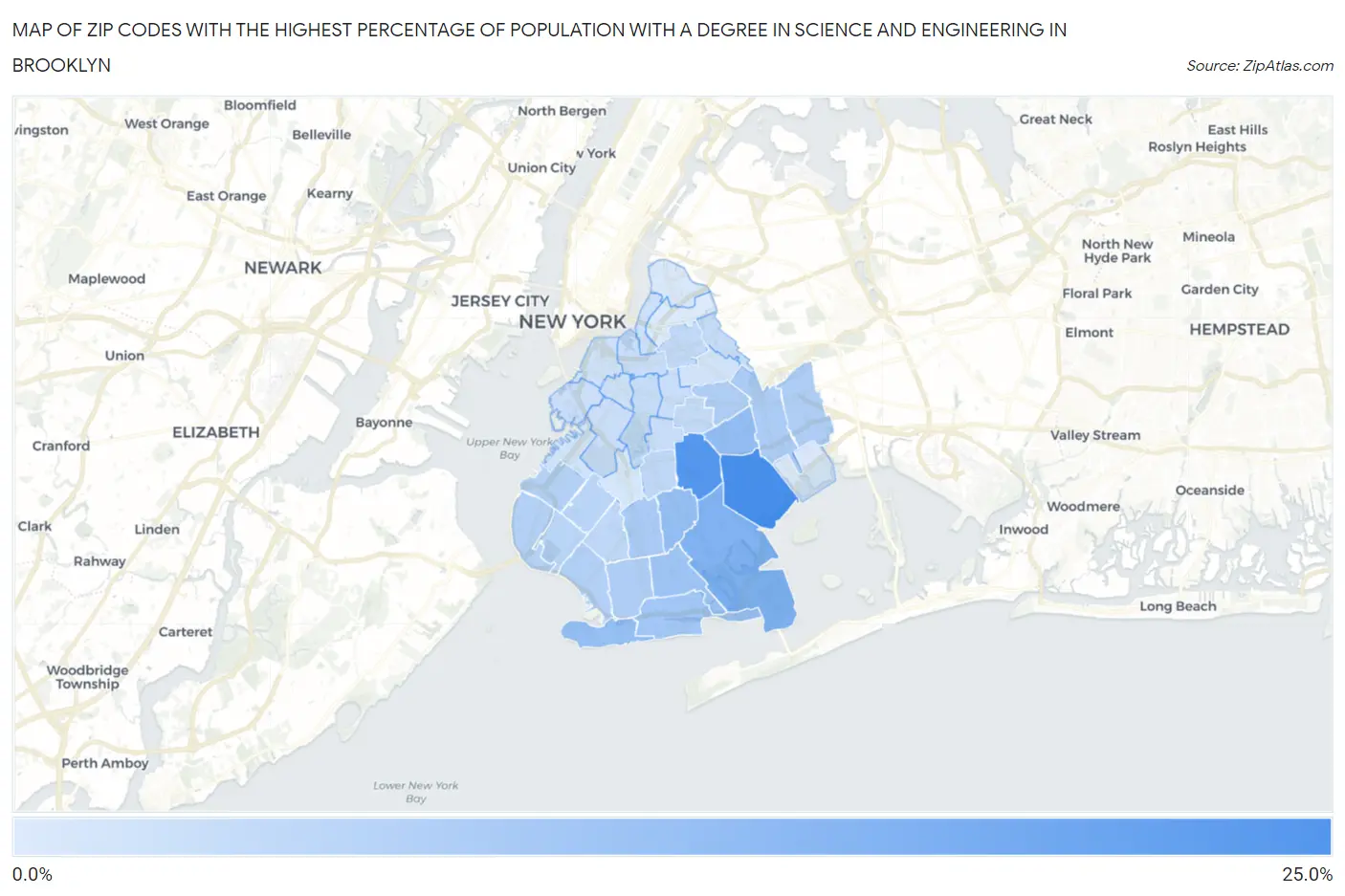 Zip Codes with the Highest Percentage of Population with a Degree in Science and Engineering in Brooklyn Map