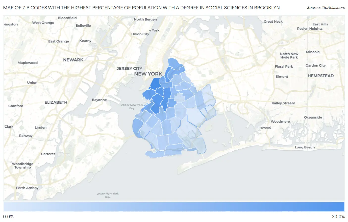 Zip Codes with the Highest Percentage of Population with a Degree in Social Sciences in Brooklyn Map