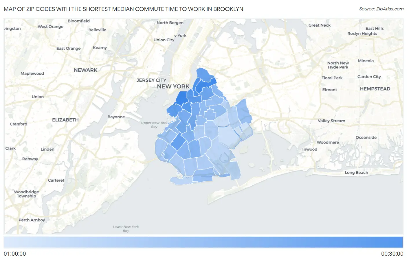 Zip Codes with the Shortest Median Commute Time to Work in Brooklyn Map