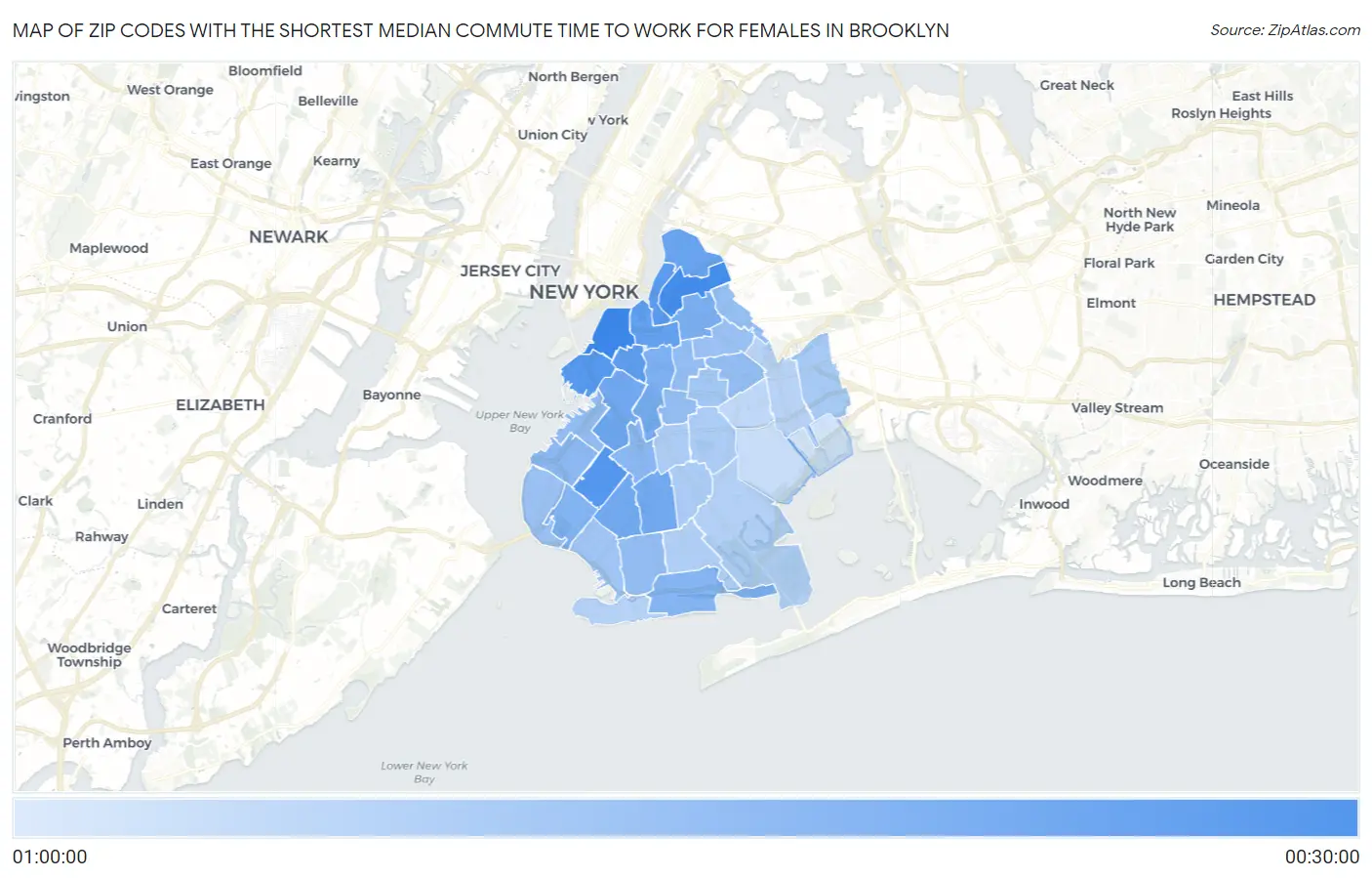 Zip Codes with the Shortest Median Commute Time to Work for Females in Brooklyn Map
