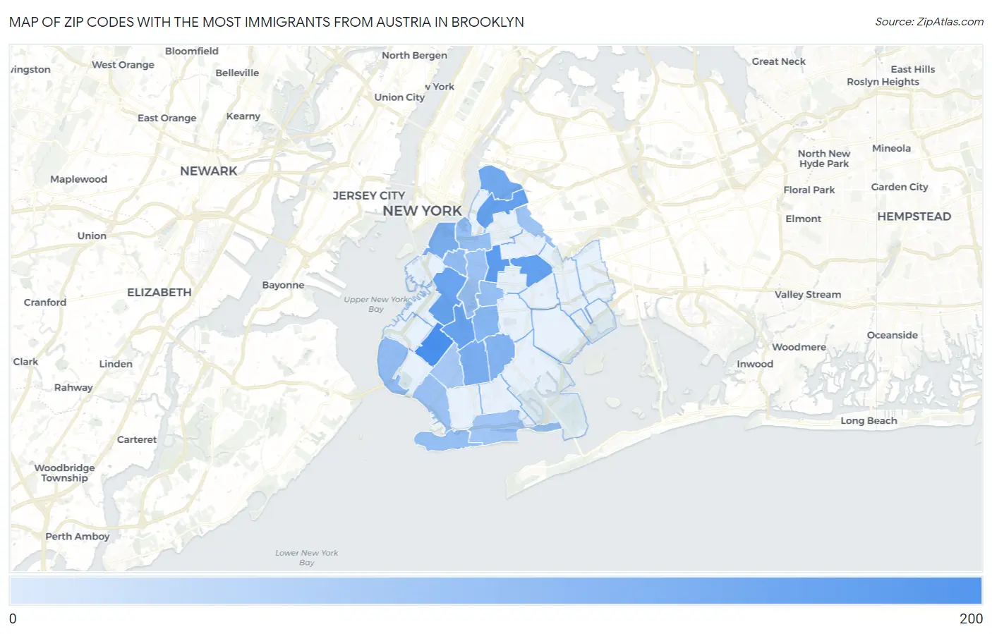 Zip Codes with the Most Immigrants from Austria in Brooklyn Map
