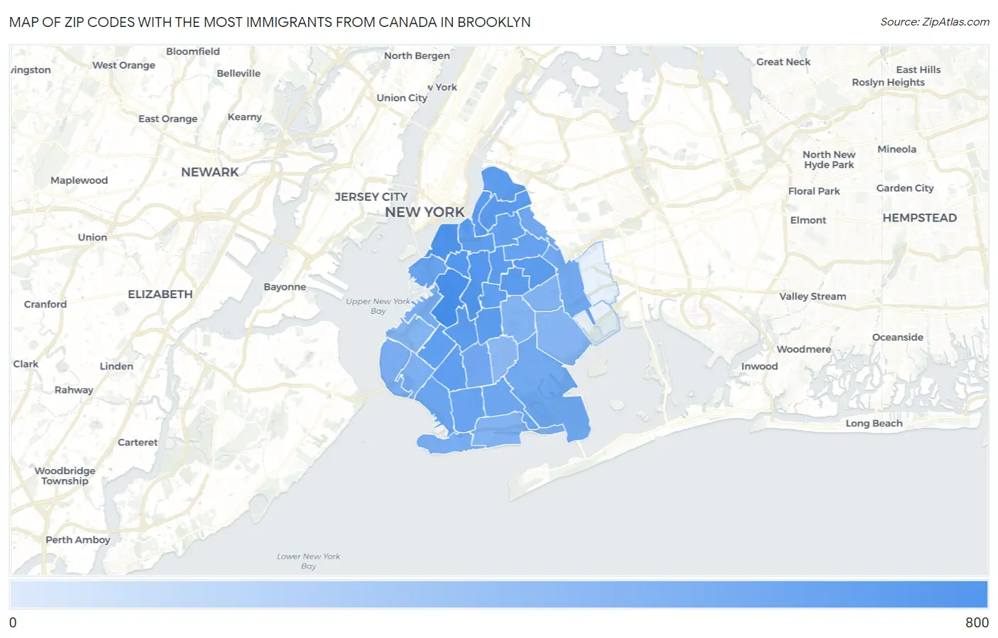 Zip Codes with the Most Immigrants from Canada in Brooklyn Map