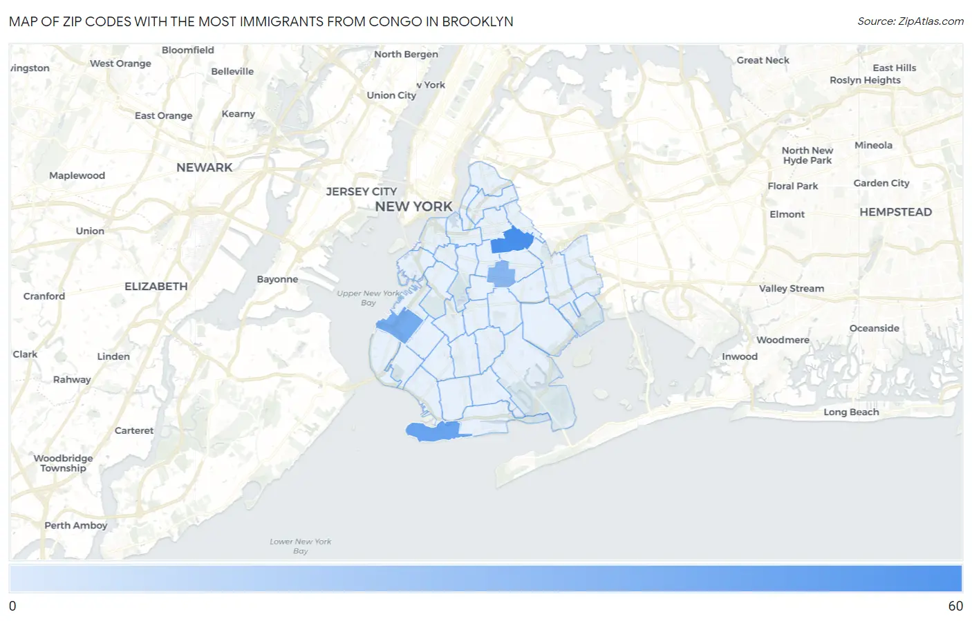 Zip Codes with the Most Immigrants from Congo in Brooklyn Map
