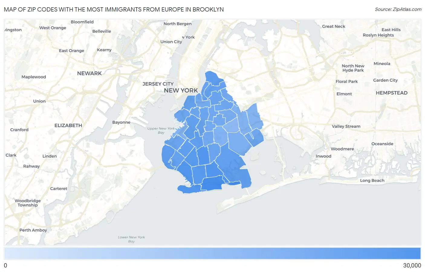 Zip Codes with the Most Immigrants from Europe in Brooklyn Map