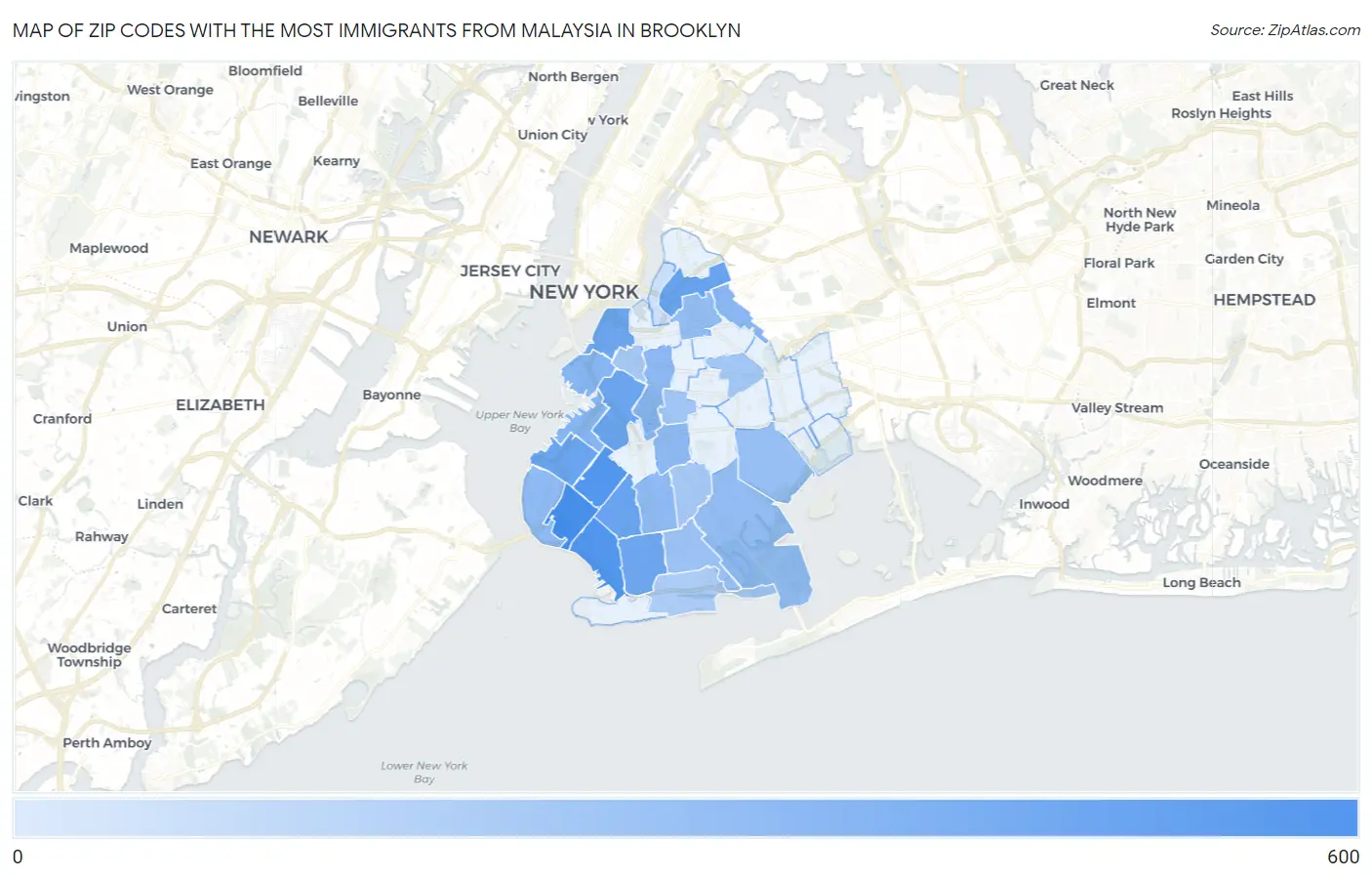 Zip Codes with the Most Immigrants from Malaysia in Brooklyn Map