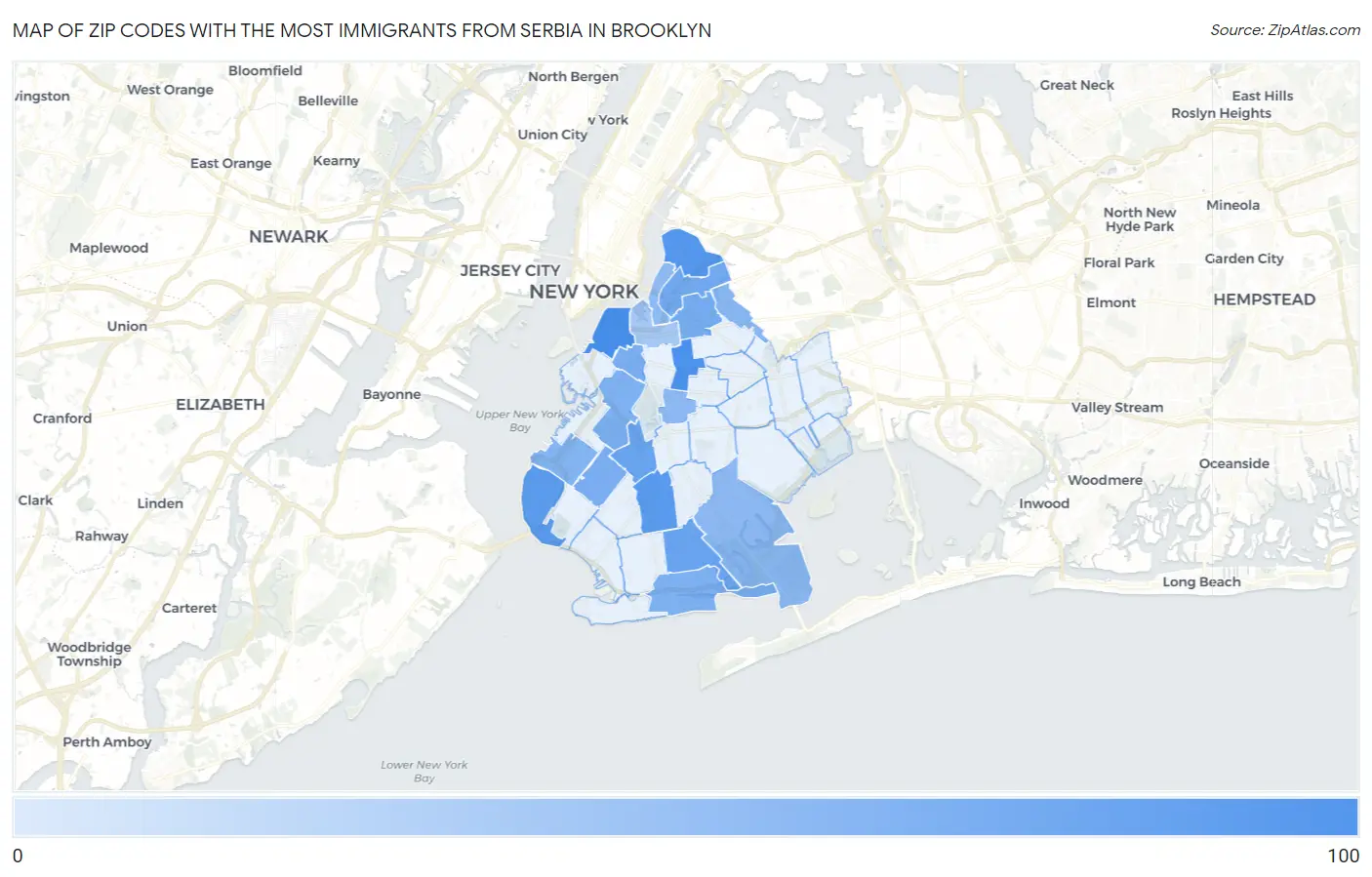Zip Codes with the Most Immigrants from Serbia in Brooklyn Map