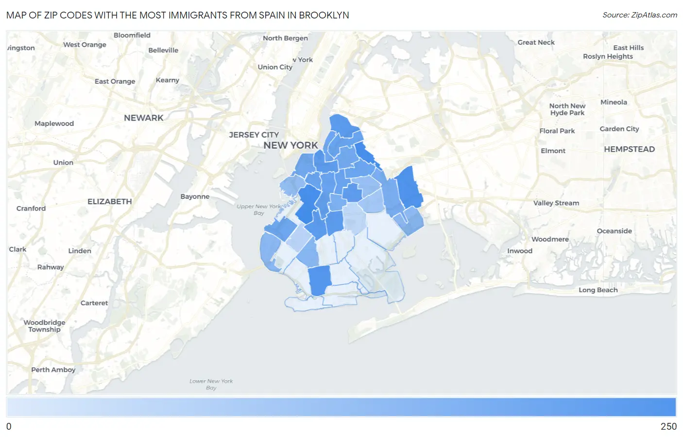 Zip Codes with the Most Immigrants from Spain in Brooklyn Map