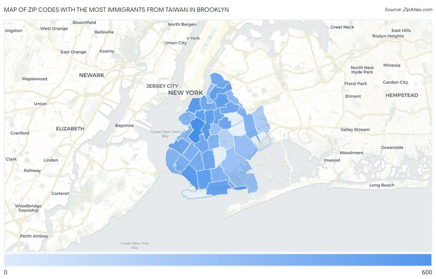 Zip Codes with the Most Immigrants from Taiwan in Brooklyn Map