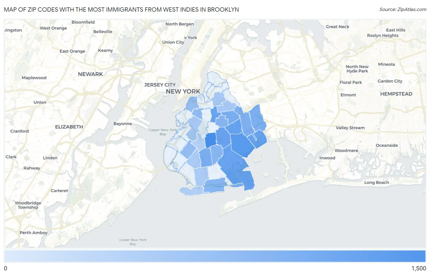 Zip Codes with the Most Immigrants from West Indies in Brooklyn Map
