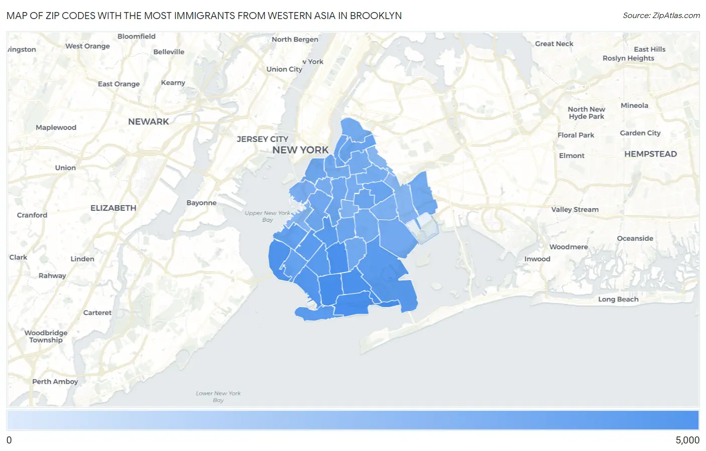 Zip Codes with the Most Immigrants from Western Asia in Brooklyn Map