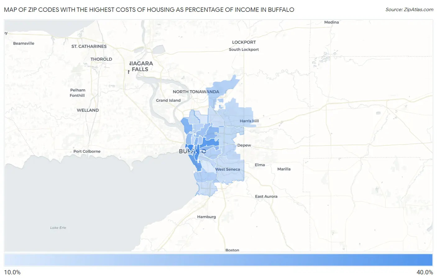Zip Codes with the Highest Costs of Housing as Percentage of Income in Buffalo Map