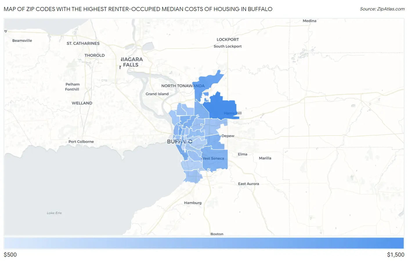 Zip Codes with the Highest Renter-Occupied Median Costs of Housing in Buffalo Map