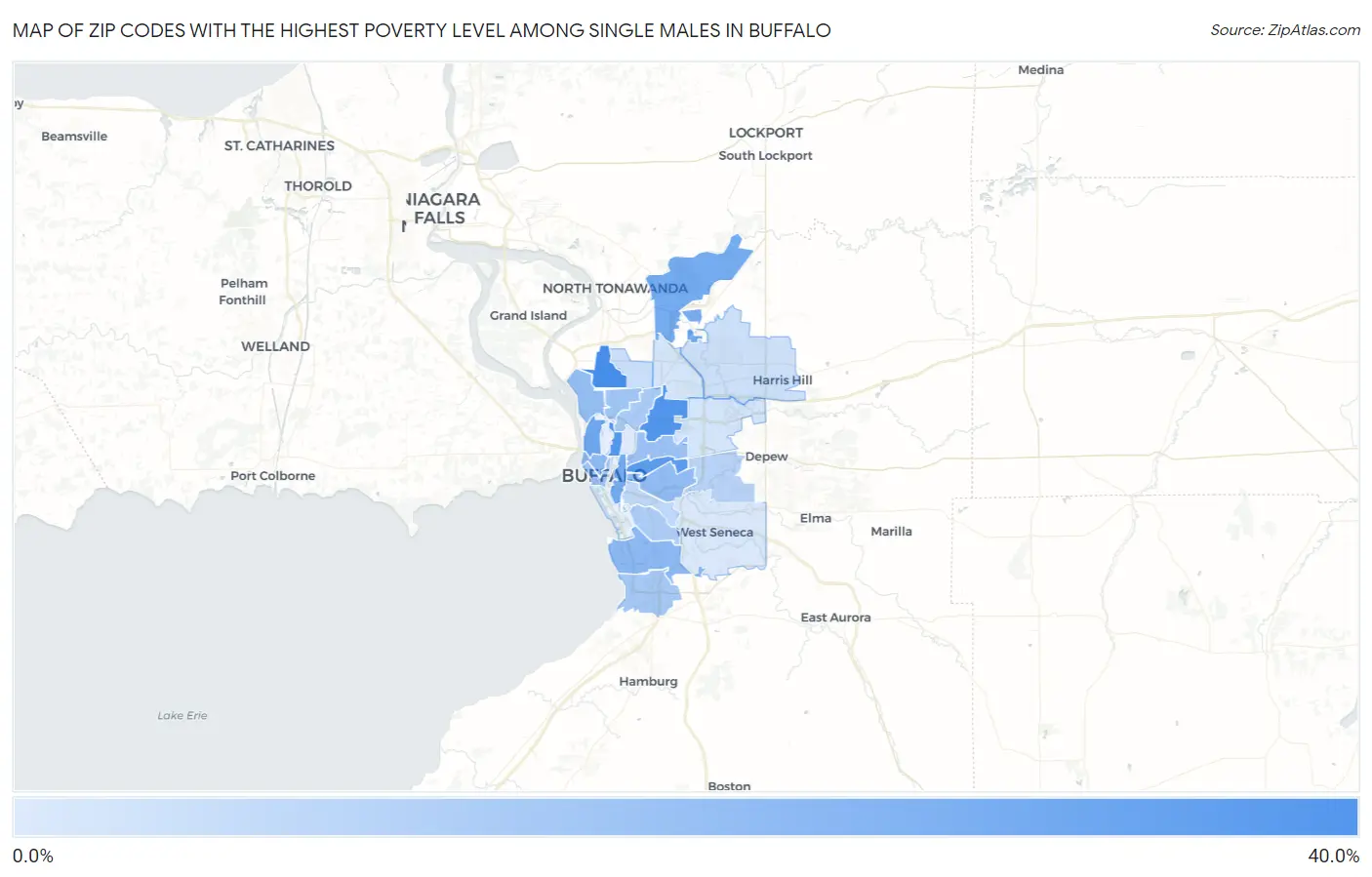 Zip Codes with the Highest Poverty Level Among Single Males in Buffalo Map