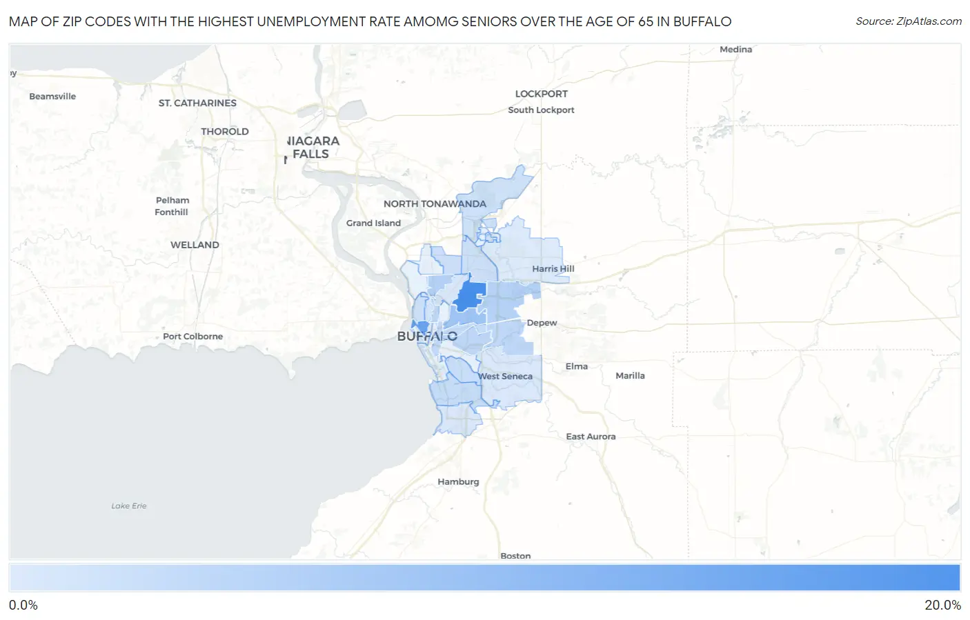Zip Codes with the Highest Unemployment Rate Amomg Seniors Over the Age of 65 in Buffalo Map