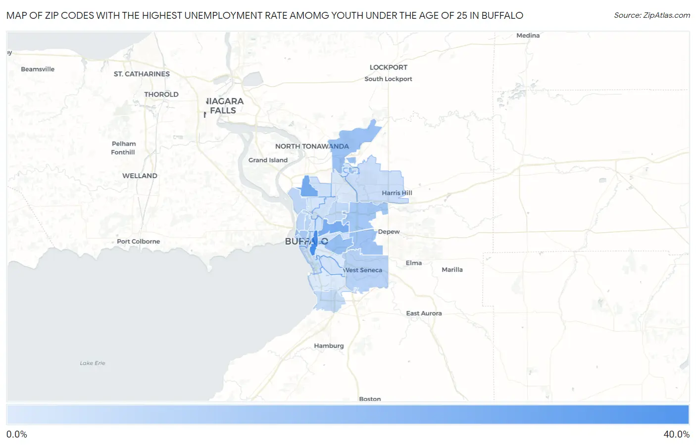 Zip Codes with the Highest Unemployment Rate Amomg Youth Under the Age of 25 in Buffalo Map