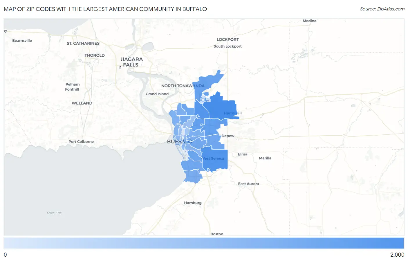 Zip Codes with the Largest American Community in Buffalo Map