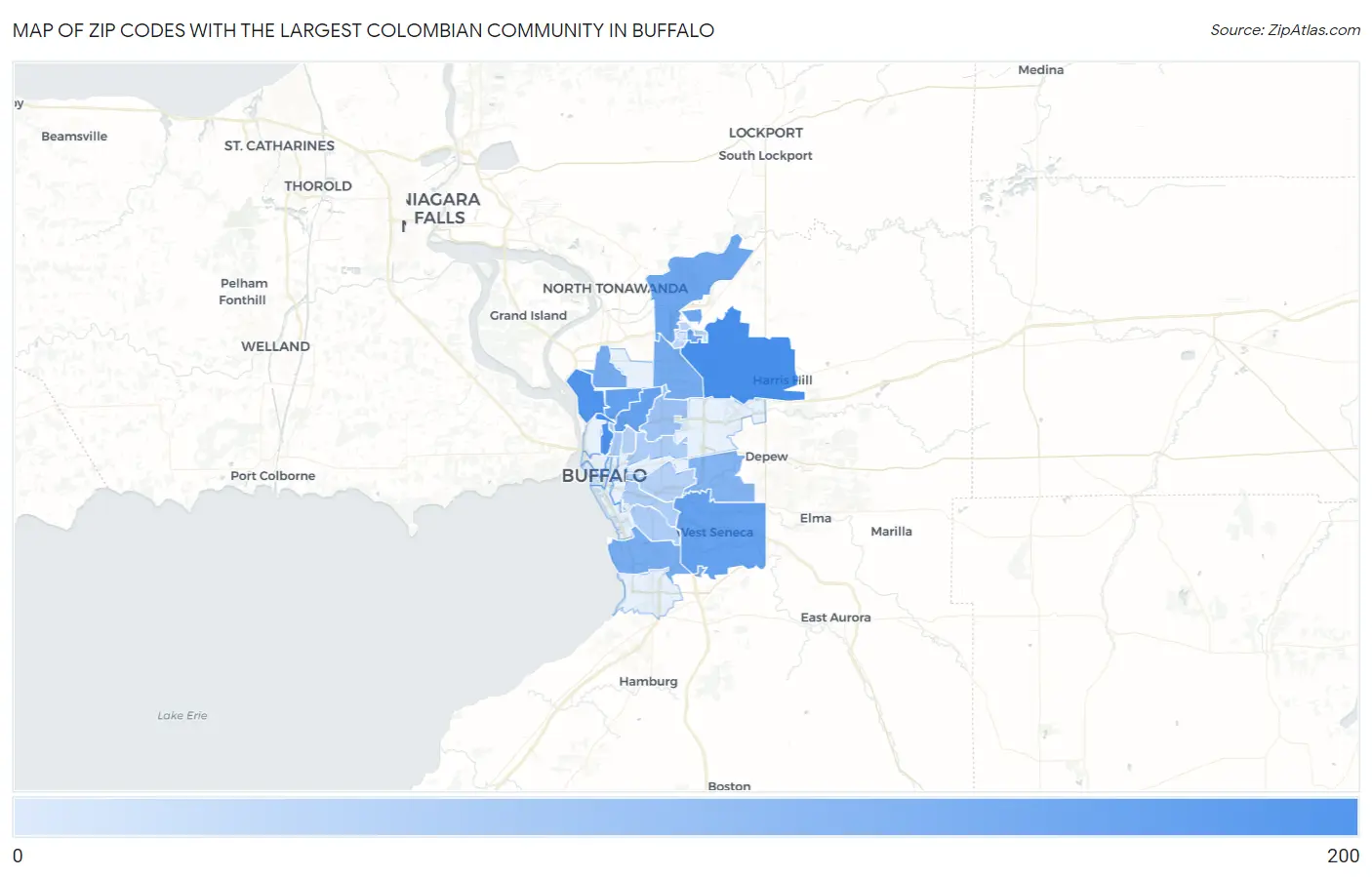 Zip Codes with the Largest Colombian Community in Buffalo Map