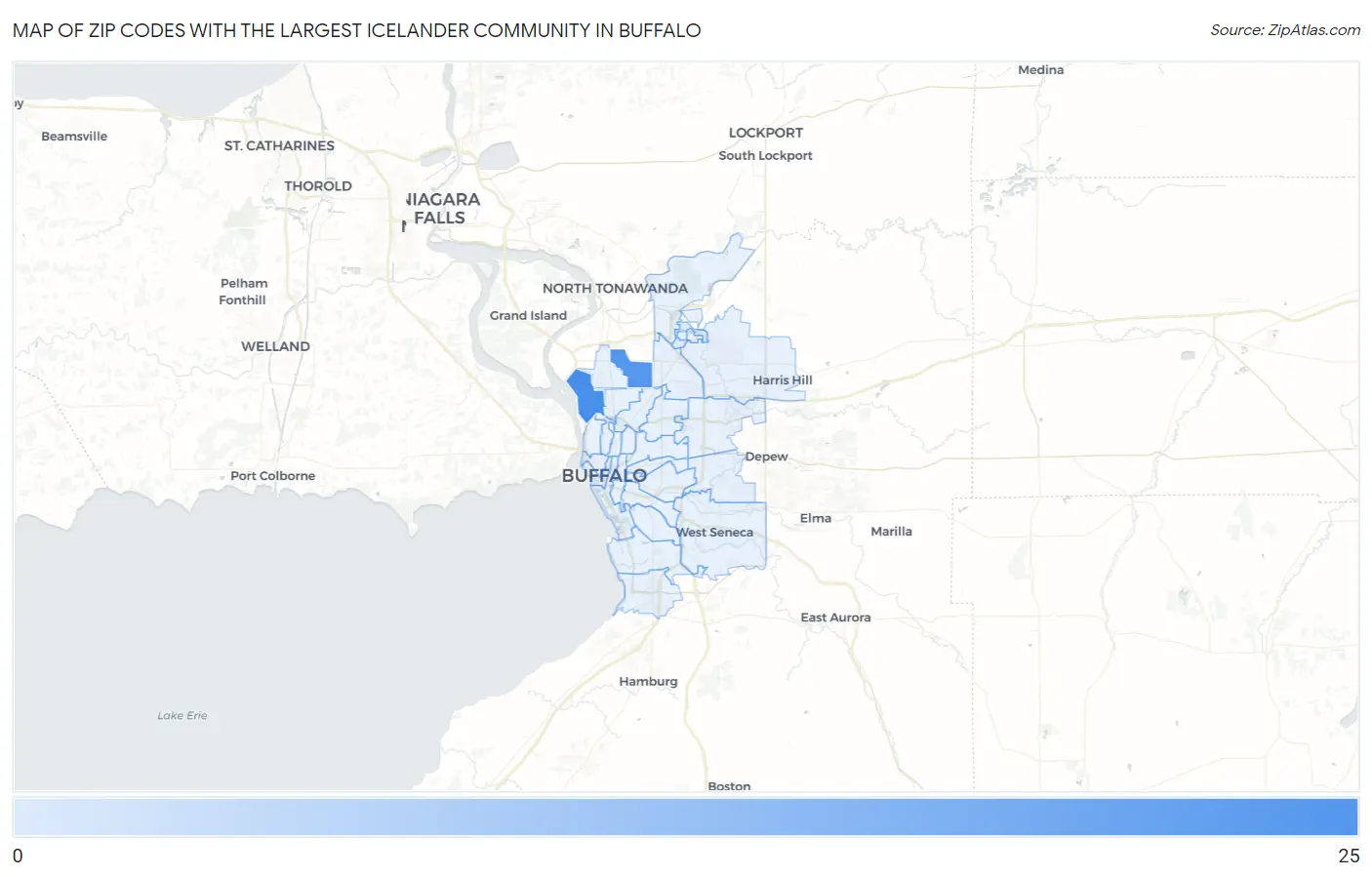 Zip Codes with the Largest Icelander Community in Buffalo Map